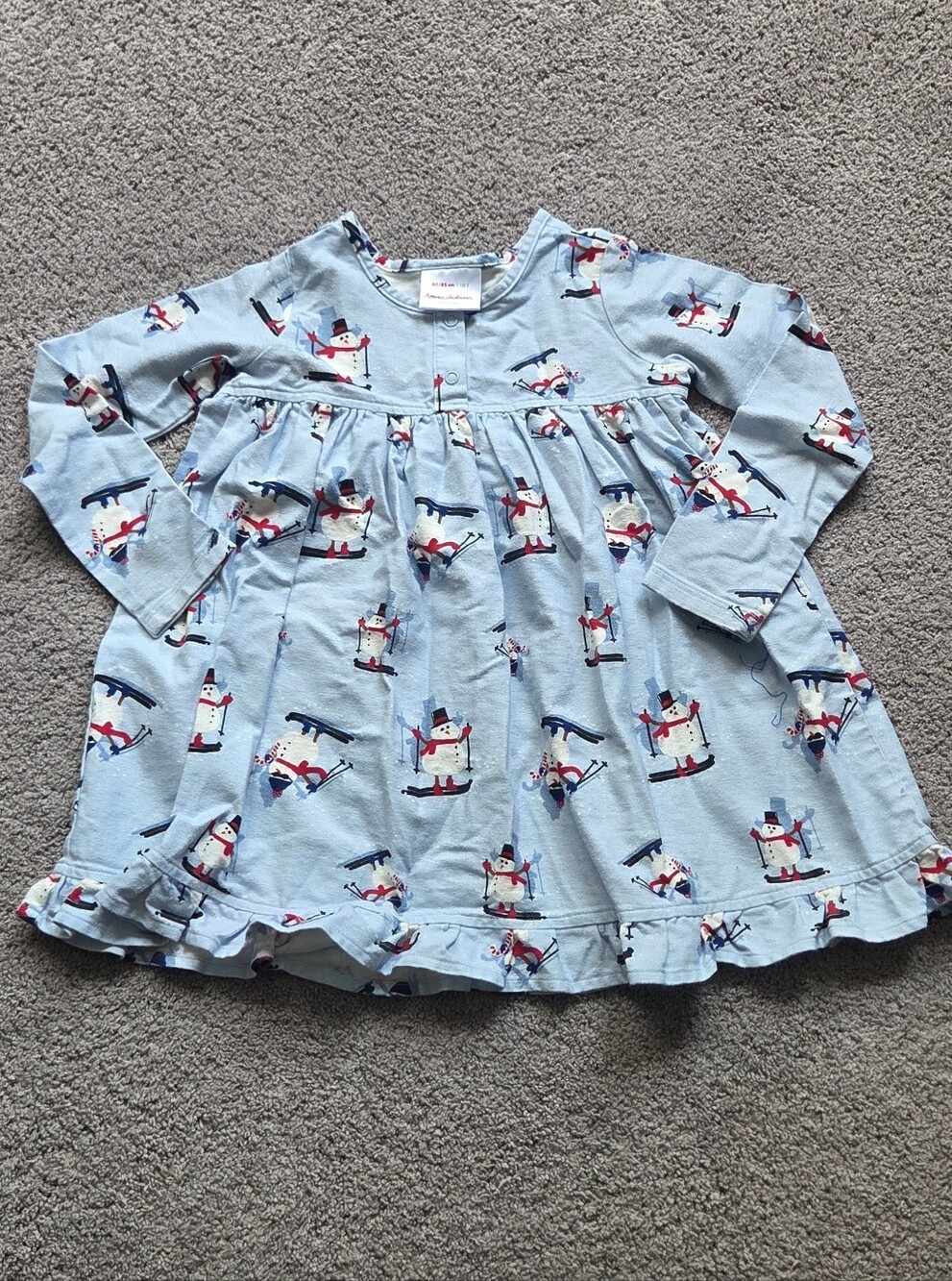 Hanna Andersson Girls Blue Snowman Flannel Nightgown, Size 2 Christmas Pajamas